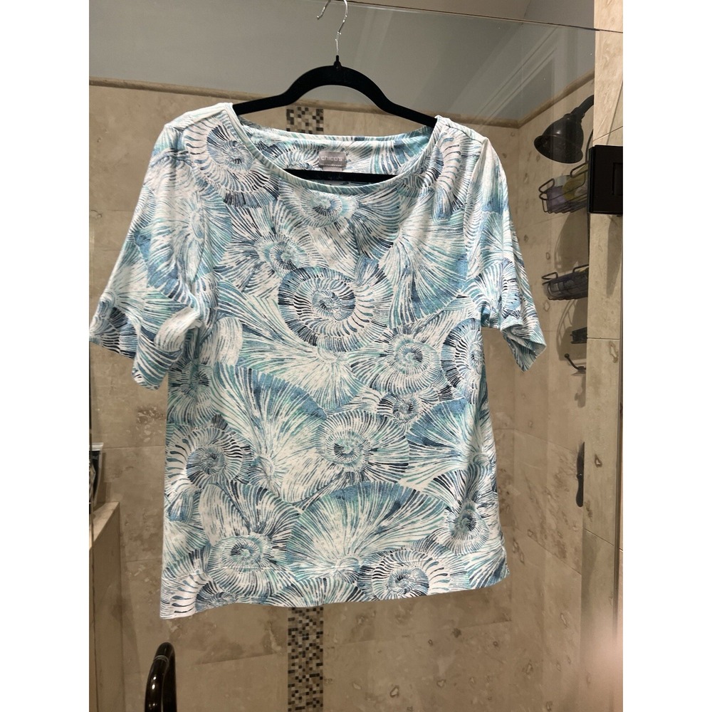 CHICO’S Women’s Seashell Print Boat Neck Short Sleeve T-Shirt Nautilus 2 L